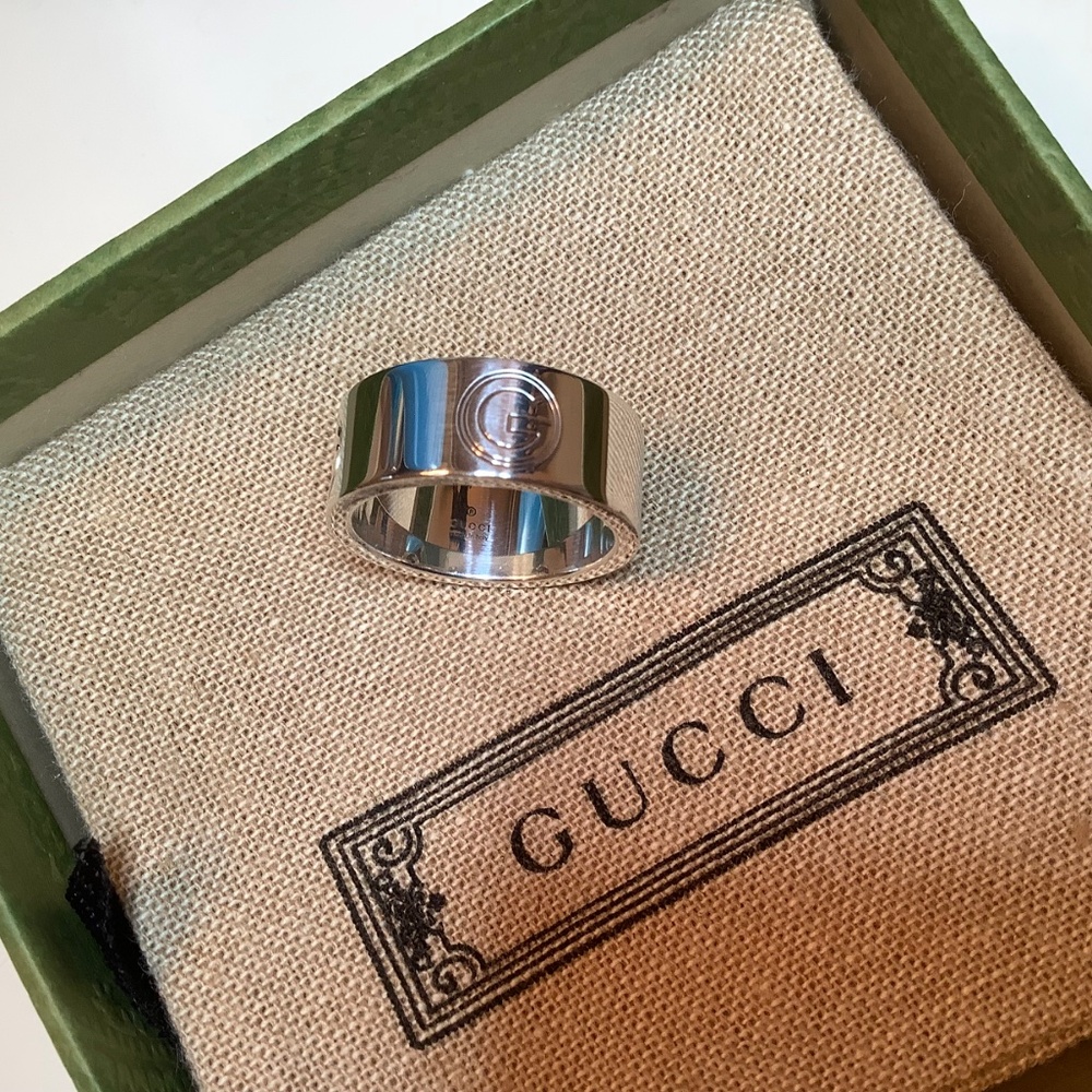 GUCCI Sterling Silver Cut Out Wide Band G Logo Ring SZ 8 - Picture 8 of 11